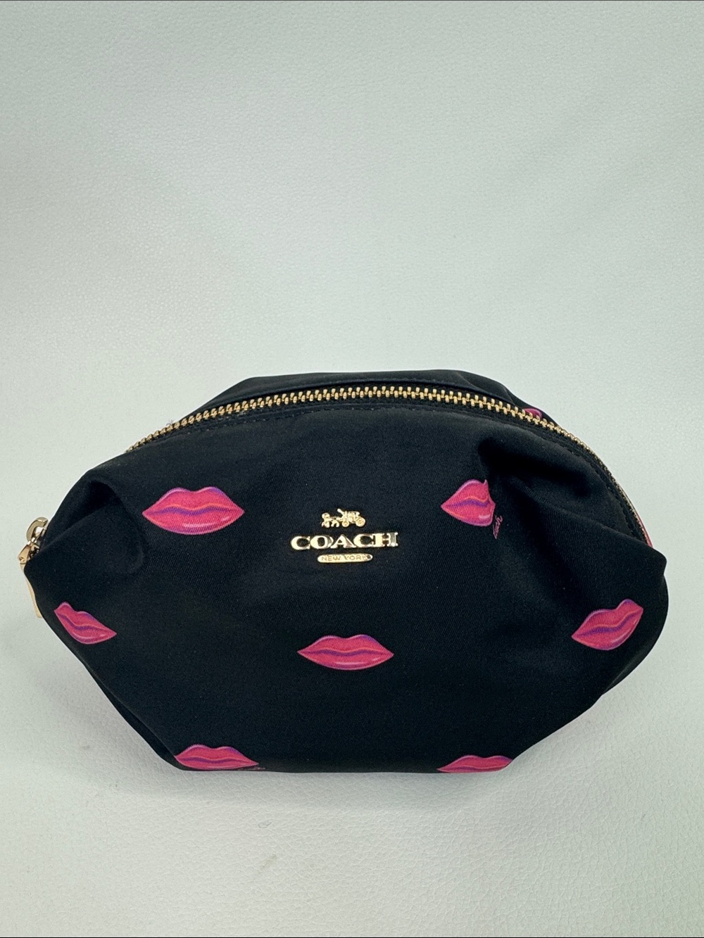 Coach Nylon Black Cosmetic Pouch with Pink Lip Motif Gold zipper & logo